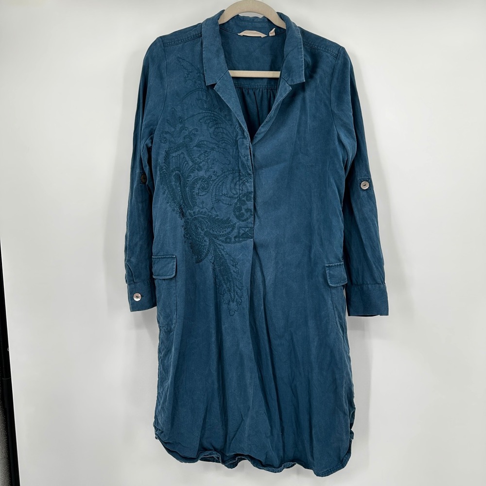 Soft Surroundings Teal Tencel Embroidered Roll Tab Shirt Dress Medium‎ Lagenlook